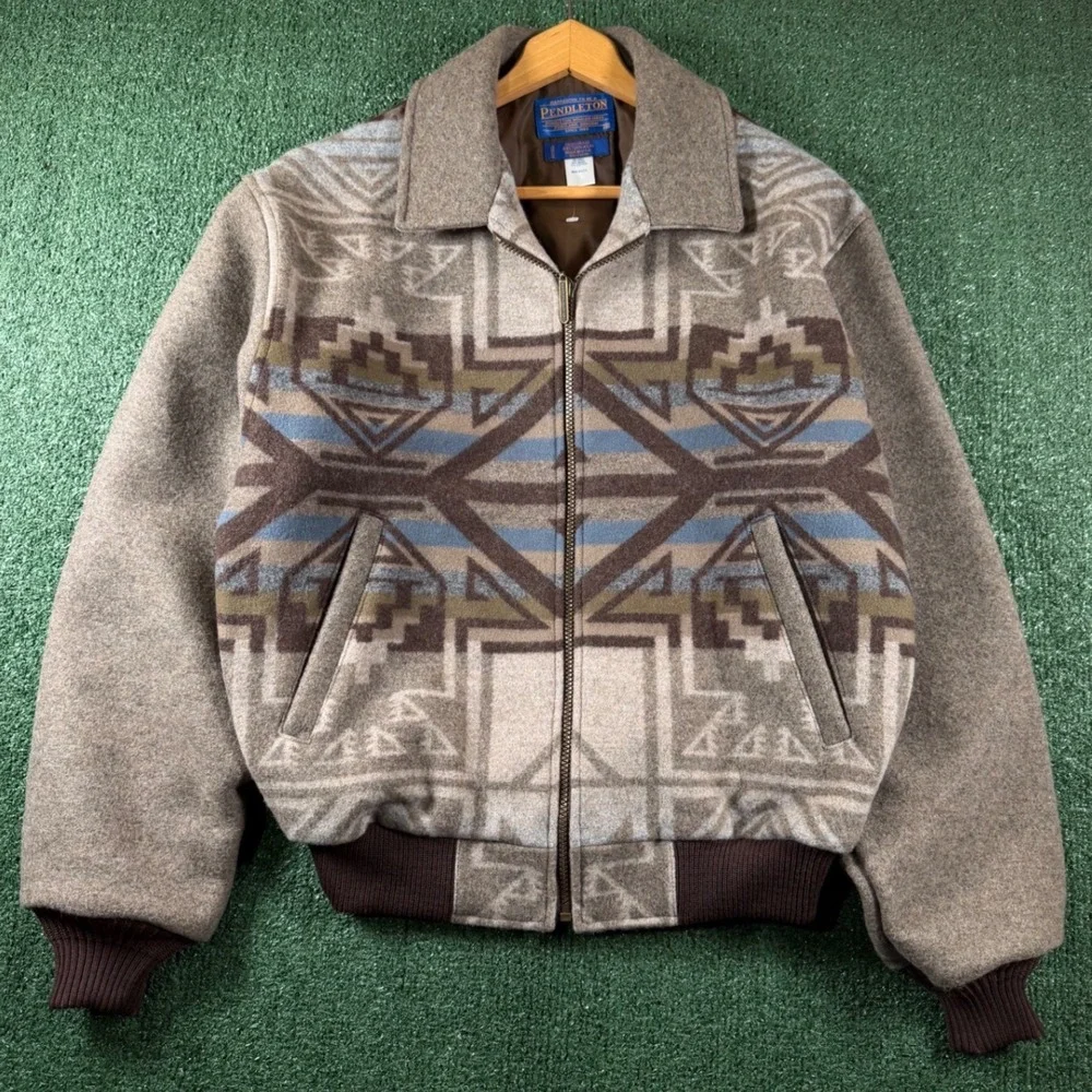 Pendleton Bomber Jacket Mens M Brown Excellent Wool Blend Western Geometric USA